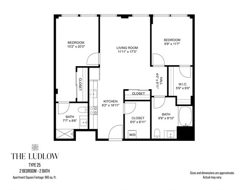 Floor plan for 2 beds, 2 baths, 964 sqft